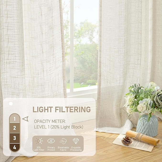 LAMIT Light Filtering Linen Curtains 72 inches Long for Bedroom, Linen Textured Semi Sheer Back Tab and Rod Pocket Natural Boho Drapes for Living Room, Natural, 2 Panels, 34 x 72 Inch