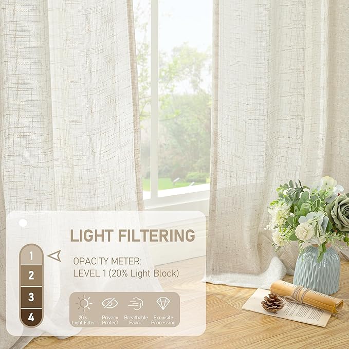 LAMIT 54 Inch Short Window Linen Curtains, Cream Ivory Light Filtering Panels Back Tab and Rod Pocket Neutral Drapes for Bedroom/Living Room, Natural, 2 Panels, 34 x 54 Inch