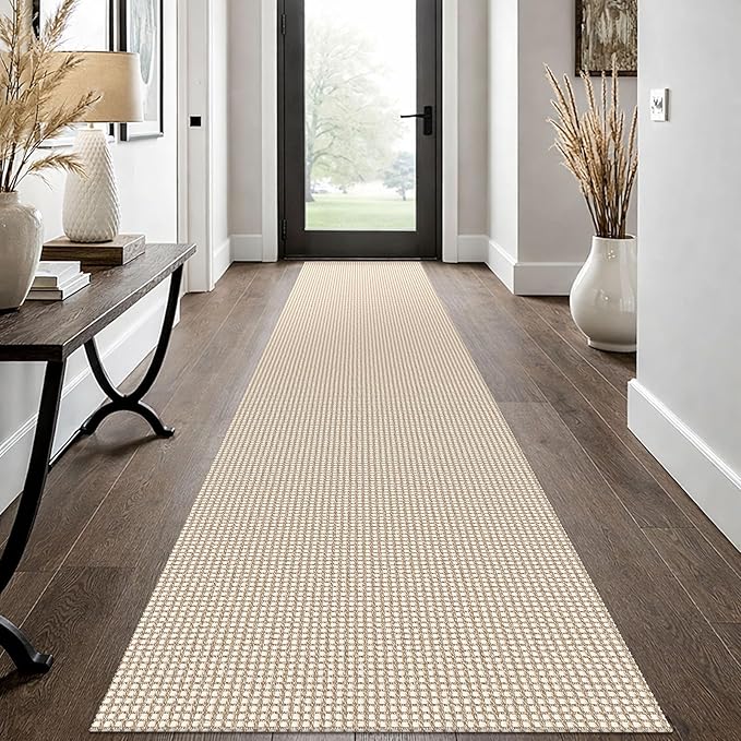 EARTHALL Woven Runner Rug 2x12 Ft Washable Runners for Hallways Extra Long Cotton Non Slip Rubber Backed Kitchen Runner Braided Indoor Floor Carpet for Entryway, Hall, Kitchen, Beige/Ivory