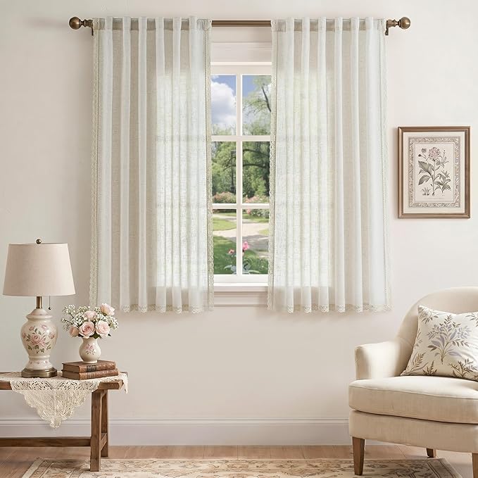 jinchan Linen Blend Curtains for Living Room Bedroom Light Filtering Semi Sheer Curtains Boho Farmhouse French Country Cottage Core Decor Window Drapes Back Tab 72 Inch Length Laced Beige