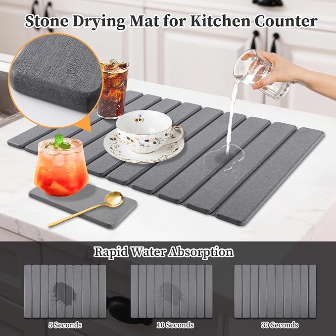 Diatomaceous Stone Drying Mat for Kitchen Counter with Sink Faucet Mat, Gray Absorbent Quick Dry Dish Drying Mat Set, Diatomite Stone Slat Countertop Pad for Dishes, Cups
