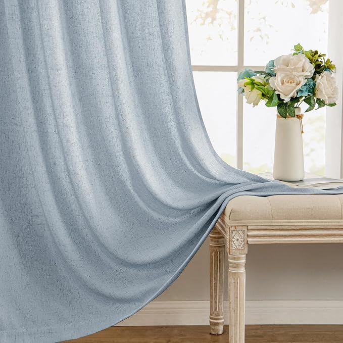 MIULEE Non-See-Through Privacy Linen Curtains 2 Panels, Chambray Blue Light Filtering Window Curtains Farn House Textured Back Tab Semi Sheer Drapes for Bedroom Living Room 84 Inches Long Light Blue