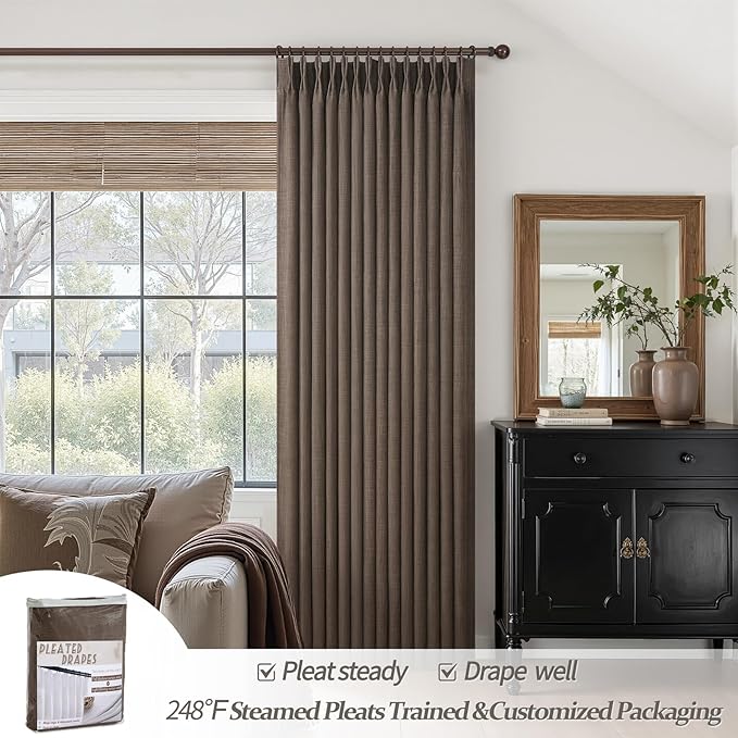 Double Layer Thick Linen Blackout 105 Inch Tall Curtains for Dining Room, Dark Flax Memory Shape Pinch Pleat Thermal Floor to Ceiling Curtain Brown Sound Dampening Neutral Windows Drapes 2 Panels Set