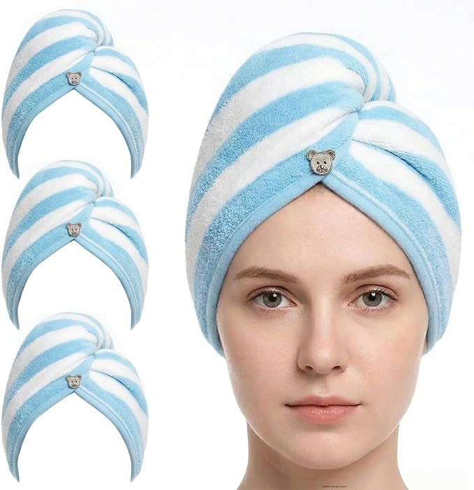 3 Pack Microfiber Hair Towel Wrap for Women, Fast Drying Hair Turban with Button, Anti-Frizz Large Hair Towel for All Hair Styles, Soft & Absorbent Hair Drying Towel