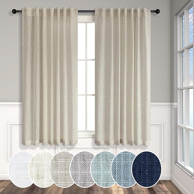 Pitalk Beige Curtains 54 Inch Length for Childrens Room 2 Panel Pocket Back Tab Top Short Neutral Semi Sheer Linen Energy Efficient Cotton Curtains for Bathroom Spa Office Retro Vintage Decor 54 Long