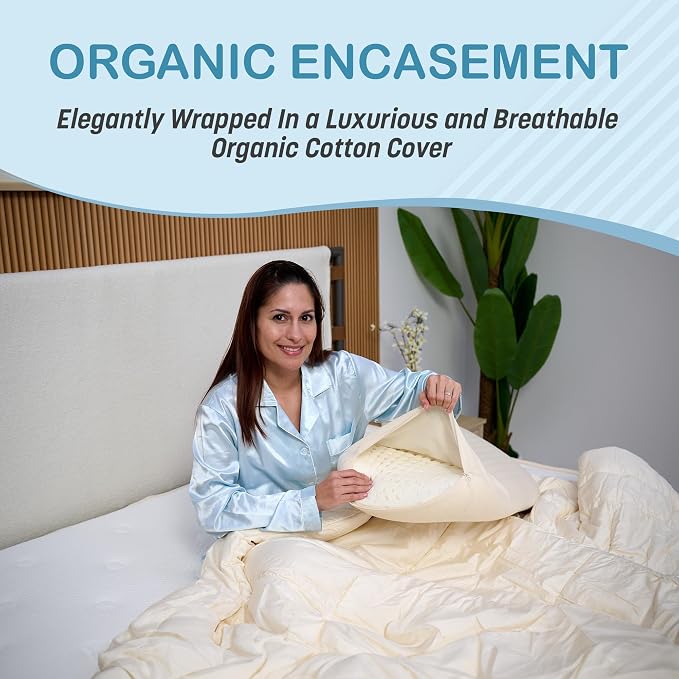 Turmerry Green Natural Bed Pillow - GOLS Certified Organic Rubber Foam Latex Pillows for Sleeping Side, Back, Stomach Sleepers Zippered Organic Cotton Cover - Size Queen - High Loft - Medium