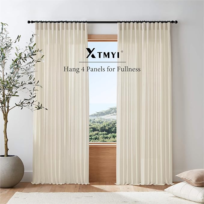 XTMYI Light Beige Curtains for Living Room,Linen Semi Sheer Light Filtering Farm House Curtain Set for Home Studio,9 FT 108 Inches Long