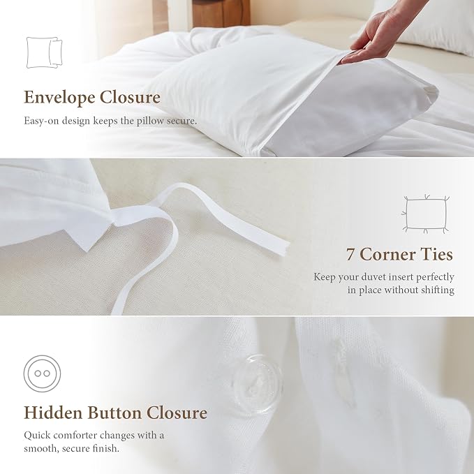 Simple&Opulence Linen Duvet Cover Set Queen Size - French Linen Cotton Woven Blend in White Color, 3 Pieces (1 Comforter Cover 88x92” + 2 Pillowcases), Soft & Breathable All-Season Farmhouse Bedding