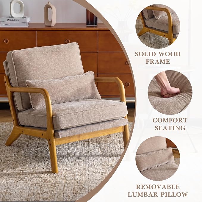 Karl home Mid-Century Modern Accent Reading Chair, Khaki | Chenille Upholstered, Solid Wood Frame, Soft Cushion, Lumbar Pillow, Lounge Armchair for Living Room, Bedroom, Balcony, Study