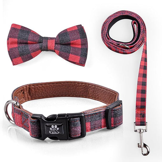 IVY&LANE Dog Collar with Bowtie and Leash Set | Plaid Adjustable Dog Collar | Detachable Bow Tie |5 FT Dog Leash | for Small Medium Large Dogs | Checkered Red | X-Small