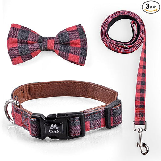 IVY&LANE Dog Collar with Bowtie and Leash Set | Plaid Adjustable Dog Collar | Detachable Bow Tie |5 FT Dog Leash | for Small Medium Large Dogs | Checkered Red | Medium