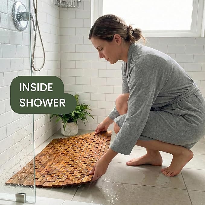 Teak Bath Mat & Shower Mat (24" x 16.5") | Wooden Flooring for Bathtub & Bathroom | Foldable & Non Slip Wood Bathmat