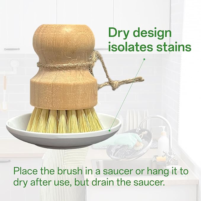 Bamboo Dish Brush Set, Natural Sisal Scrubber for Pots Pans Dishes with Tray, Eco Friendly Kitchen Brush 3 Pack