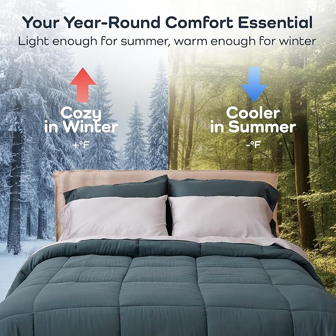 Olive + Crate Cooling Down Alternative Comforter - Hypoallergenic Queen Size Duvet Insert Lightweight - All Seasons Plush Design Bamboo Comforter - 100% Bamboo Viscose Outer Cover, Basalt Blue 88"x90"