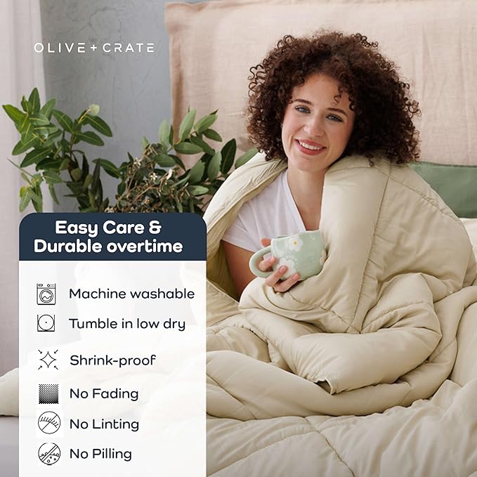 Olive + Crate Cooling Down Alternative Comforter - Hypoallergenic Queen Size Duvet Insert Lightweight - All Seasons Plush Design Bamboo Comforter - 100% Bamboo Viscose Outer Cover - Beige 88"x90"