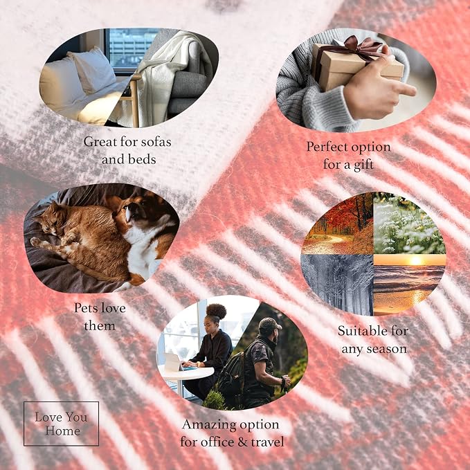 LYHome Merino Wool Blanket - Warm Throw for Cold Weather, Warmest Travel Outdoor Camping Blankets, Picnic Army and Military Throws, Comforter Soft & Cozy (55" x 79" Red with White Raindeers)