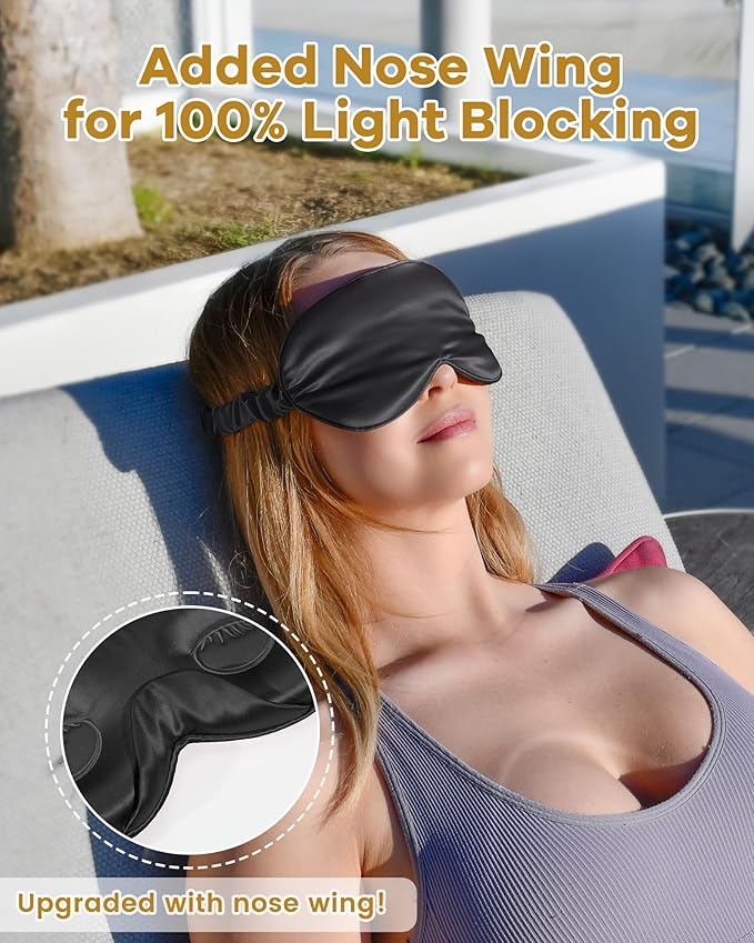 BeeVines Pure Silk 3D Contoured Sleep Mask for Women, Luxury 100% 22 Momme Mulberry Silk 3D Contoured Eye Mask for Lash Extensions, Zero Eye Pressure & Blackout(Black)