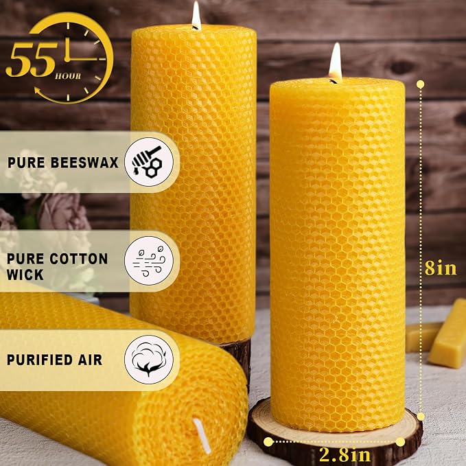 2 Pack Large Beeswax Pillar Candles, 2.8x8 Inch Natural Hand-roll Honeycomb Beeswax Candles, 100-Hour Slow Burn, Dripless & Air Purifying for Extended Serenity, Decor & Gifts