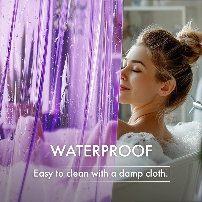 AmazerBath No Hook Shower Curtain and Liner 3-in-1, 8G Luxury Heavy Duty Clear Purple No Hook Shower Curtain Liner, 72x75 Cute EVA Bathroom Weighted Plastic Shower Curtain with 3 Heavyweight Stones