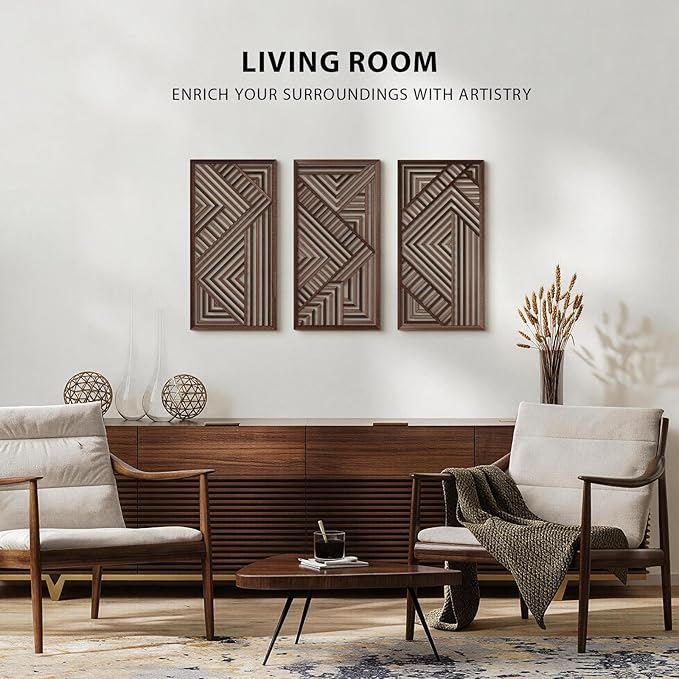VIYYIEA Boho Solid Wood Carved Wall Art Set of 3, Geometric Minimalist Wooden Home Decor Panels, Handcrafted Solid Wood Wall Hanging for Living Room Bedroom Hallway, 16 x 8 Inch Each (Geometry II)