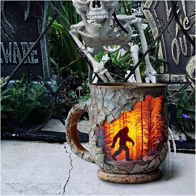 Bigfoot Forest Flame Tree Bark Mug – Handmade 3D Ceramic Coffee Cup, Unique Bigfoot Gift for Outdoor Lovers (Gorilla Mug)