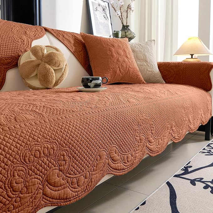 vctops Boho Cotton Quilted Couch Cover Soft Embroidered Sofa Cover Non-Slip Dog Bed Cover Scalloped Sofa Slipcover Washable Furniture Protector Cover (Orange,43"x43")
