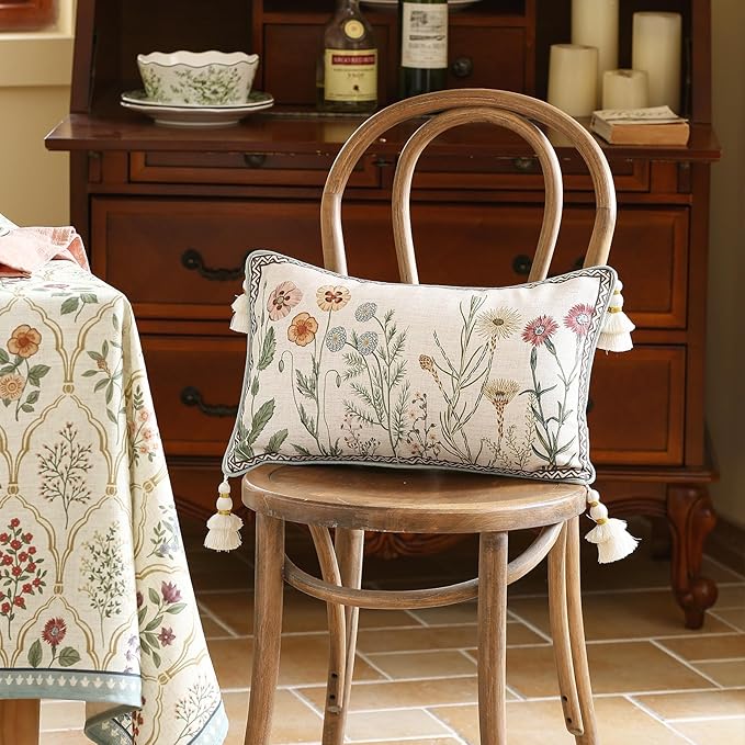 ISAENNE Design Linen Throw Pillow Covers 12"x20" Pack of 2, Lumbar Farmhouse Cushion Covers with Colorful Watercolor Wildflower Pattern for Bed, Living Room, Outdoor, Car