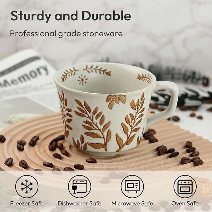 Ceramic Coffee Mug, 11 oz Small Novelty Unique Teacup with Handle, Stoneware Cup for Tea Mocha Latte Cappuccino (Set of 2, Ivy and Leaf)