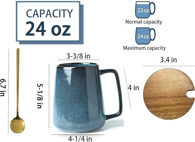 24 OZ Extra Large Ceramic Coffee Mug, with Spoon and Wooden Lid, Big Tea Cups with a Large Handle for Office and Home, Microwave and Dishwasher Safe (24 oz Blue Set)