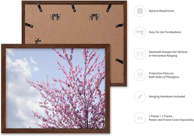 Monem Art Cherry Blossom Spring Sky Photography Print - Floral Nature Art Poster - Wall Decor for Living Room, Bedroom or Office - 12x16 Brown Framed Wall Art by Mareike Bohmer