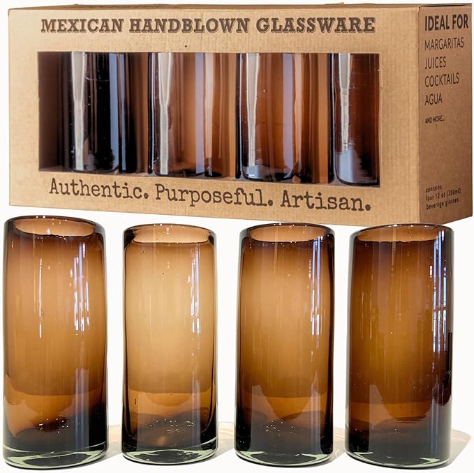 Verve CULTURE Mexican Hand Blown Highball Glasses, Unique Handmade Glassware, Drinking Glass Cups for Cocktails, Juice, Mixed Drinks, Elegant Tabletop Drinkware, Set of 4 (Tamarind, 16 oz)