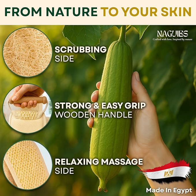 Premium Egyptian 100% Natural loofah with Handle Back Scrubber for Shower and Massage exfoliating Body Scrubber loofah for Men and Women Back Scratcher washers for Shower loofa Clean Your Back Deeply