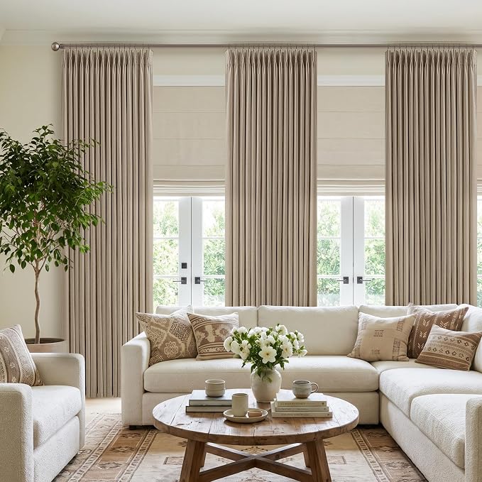 High Ceiling Pleated Curtains 120 Inch Length Camel Tan Linen Textured Memory Trained Shaped Light Filtering Privacy Curtains for Living Room Bedroom Extra Long Semi Sheer Drapes 2 Panels 10 ft