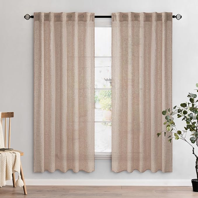 MIULEE Natural Beige Linen Curtains 72 Inch Length 2 Panels for Bedroom Living Room, Soft Linen Textured Window Drapes Semi Sheer Light Filtering Back Tab Rod Pocket Farmhouse Burlap Look Decor