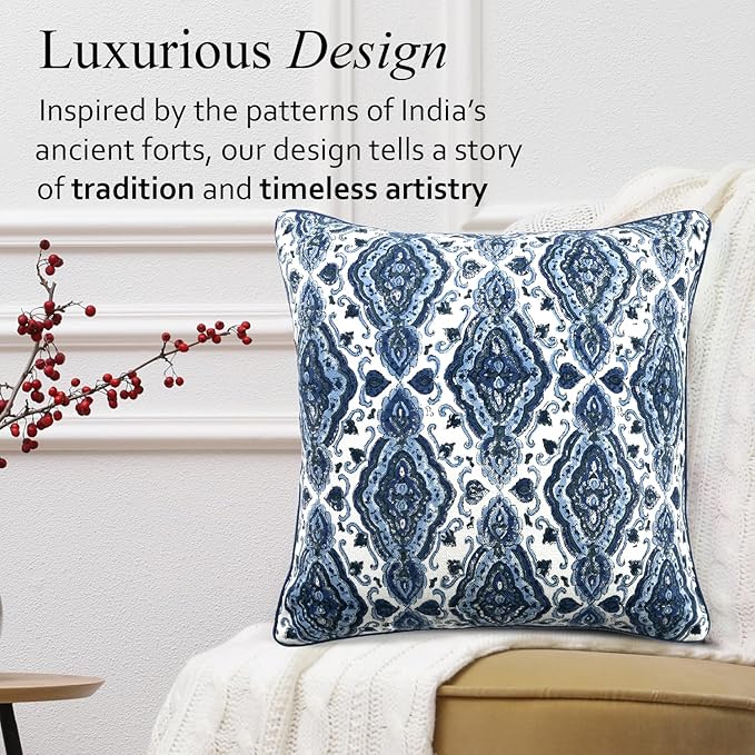 CPC Sea Blue Block Print Throw Cushion Cover 18 x 18 Inch Set 2 - Decorative Boho Floral Pillow Case for Living Room, Bed, Sofa, Couch, Home Decor Cushion Cover Gift for Spring, Mother's Day