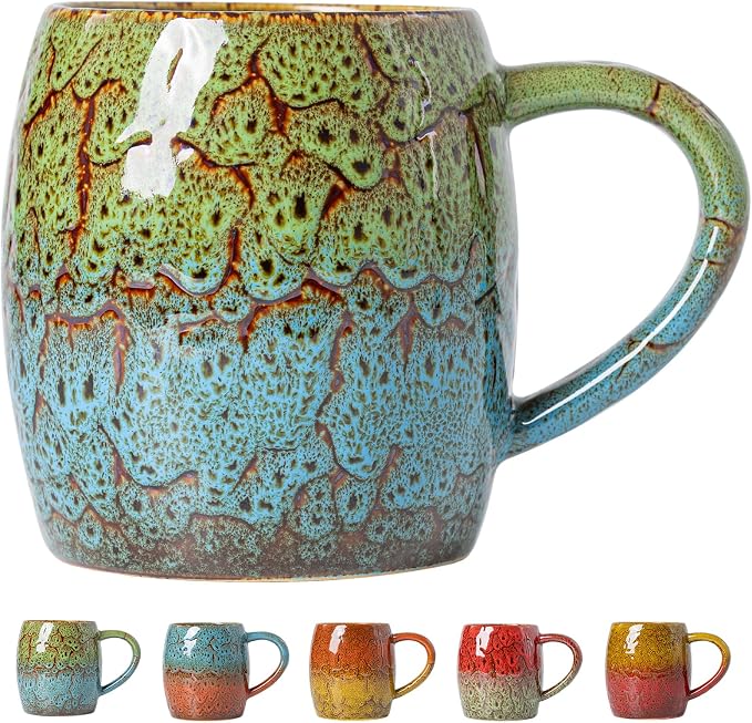 Handmade 22oz Ceramic Coffee Mug, Ergonomic Large Handle, Ideal Gift for Coffee Lovers, Microwave & Dishwasher Safe (Bas-Relief - Green&Blue)