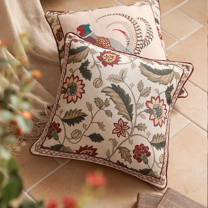 ISAENNE Design Square Pink Floral Linen Throw Pillow Covers 18"x18" Pack of 2, Vintage Country Flowers Pattern Cushion Covers Decor Pillowcases for Bed,Living Room,Outdoor,Car