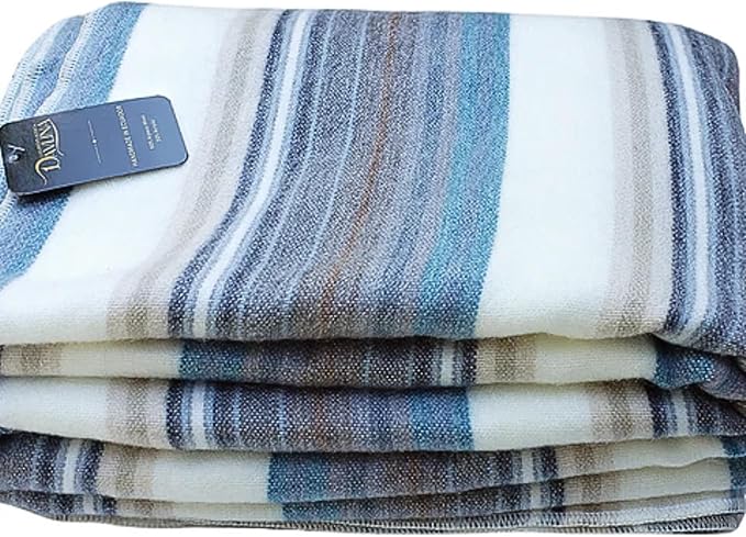DAVLINA, Alpaca Wool Throw Blanket | Super Soft, Lightweight, Breathable and Hypoallergenic | Non-Itchy or Scratchy (Blue White Varicolored, Striped)
