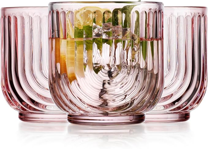 Glaver's Vintage Glassware Art Deco Glasse Ribbed Drinking Glasses U-Shape Arch Design Colored Cocktail Kitchen Tumblers Everyday Dinner Decorative Party HandWash Only (Pink S/4 11oz)