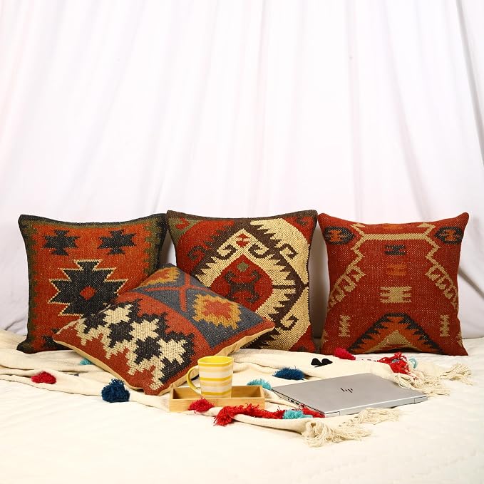 Trade Star 70% Jute 30% Wool Pillow Cover Throw Pillow Cover Ethnic Rug Pillow Covers Authentic Decorative Thick Cushion Case Kilim Cushion Cover Set of 4 Decorative Handwoven Pillowcase (Kilim 4)