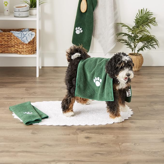 Bone Dry Pet Grooming Towel Collection Embroidered Absorbent Microfiber Drying Set, 15x30, Hunter Green, 3 Count (Pack of 2)