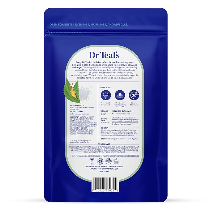 Dr Teal's Pure Epsom Magnesium Salt Soak, Cannabis Sativa Hemp Seed Oil, 3 lb