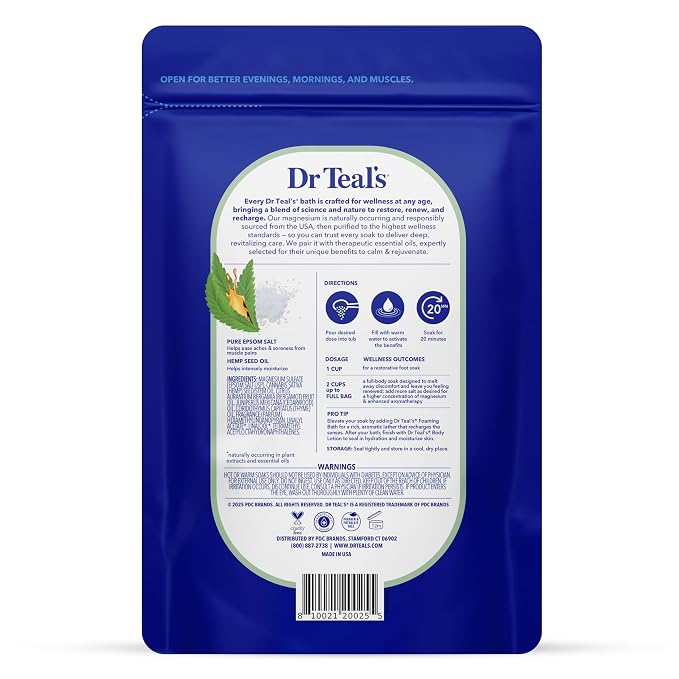 Dr Teal's Pure Epsom Salt, Cannabis Sativa Hemp Seed Oil, 3 lb (Pack of 4)