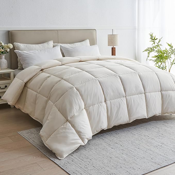 puredown® Goose Feather Down Fiber Comforter Twin Size - 100% Organic Cotton Cover All Season Duvet Insert, Breathable Fluffy Warmth Hotel Luxury Bedding Comforter (68"x90")