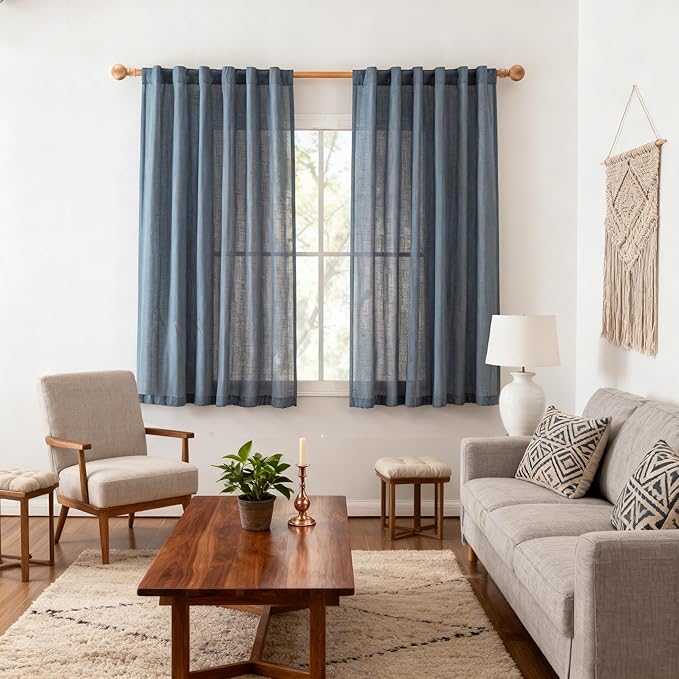 MYSKY HOME Short Semi Sheer Curtains for Bedroom 63 Inches Long Light Filtering Privacy Drapes for Small Window Linen Look Boho Home Decor Curtain for Parties, 50" x 63", Dusty Blue, 2 Pieces
