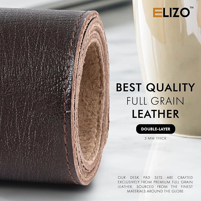 ELIZO Leather Desk Pad Real Leather Desk Mat Thick (3mm) Double Layer (32x16) Cover Blotter Desk Protector Large Computer Mat for Keyboard Mouse Pad Table Laptop Mat Office Accessories - Espresso
