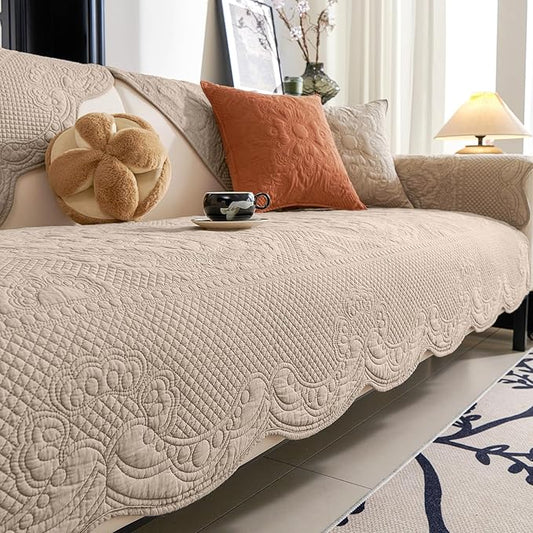 vctops Boho Cotton Quilted Couch Cover Soft Embroidered Sofa Cover Non-Slip Dog Bed Cover Scalloped Sofa Slipcover Washable Furniture Protector Cover (Khaki,43"x63")