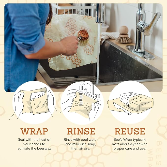 Bee's Wrap Beeswax Wraps for Food - Pack of 5 Assorted Wraps - 3 Medium & 2 Large Food Storage Bags - Meadow Magic & Honeycomb - Plastic Free Made in USA Reusable Kitchen Storage Bags