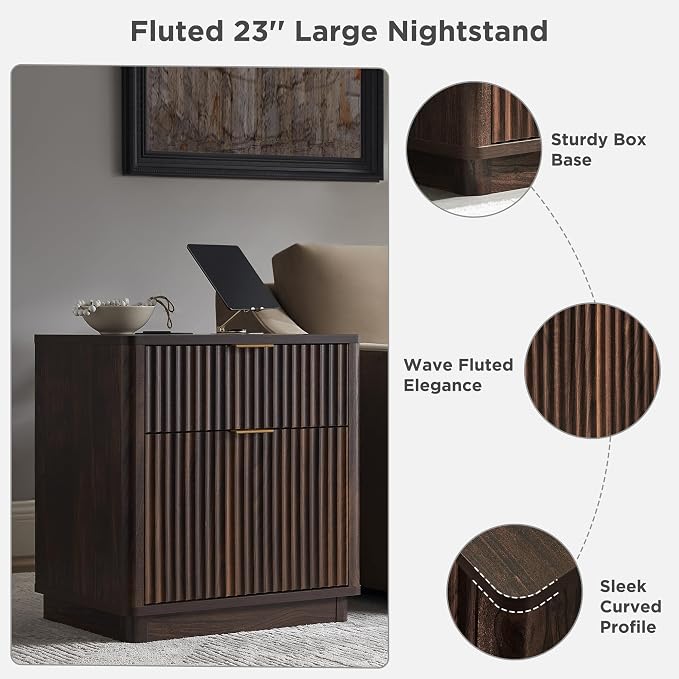 T4TREAM 23'' Fluted Nightstand Set of 2 with Charging Station, Large 2 Drawer Side Table, Modern End Table with Storage, Mid Century Bedside Table for Bedroom, Living Room, Curved Profile, Dark Walnut