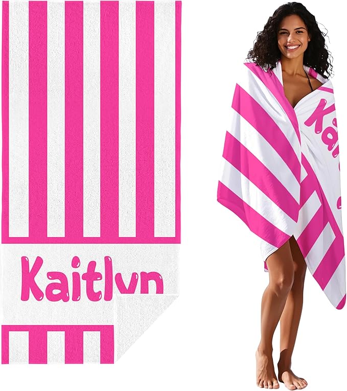 JML Personalized Beach Towel with Name, Custom Cabana Stripe Beach Towel, Customized Microfiber Pool Towel, Quick Dry & Absorbent Swim Towel for Adult,Anniversary, Birthday, Summer Holiday,Vacation